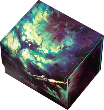 Rectangular storage box featuring a vibrant cosmic scene with a spaceship flying through green, yellow, and purple nebulae