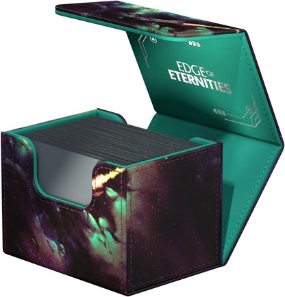 Open galaxy-patterned card deck box, teal interior, holds many cards. "EDGE OF ETERNITIES" on inside lid