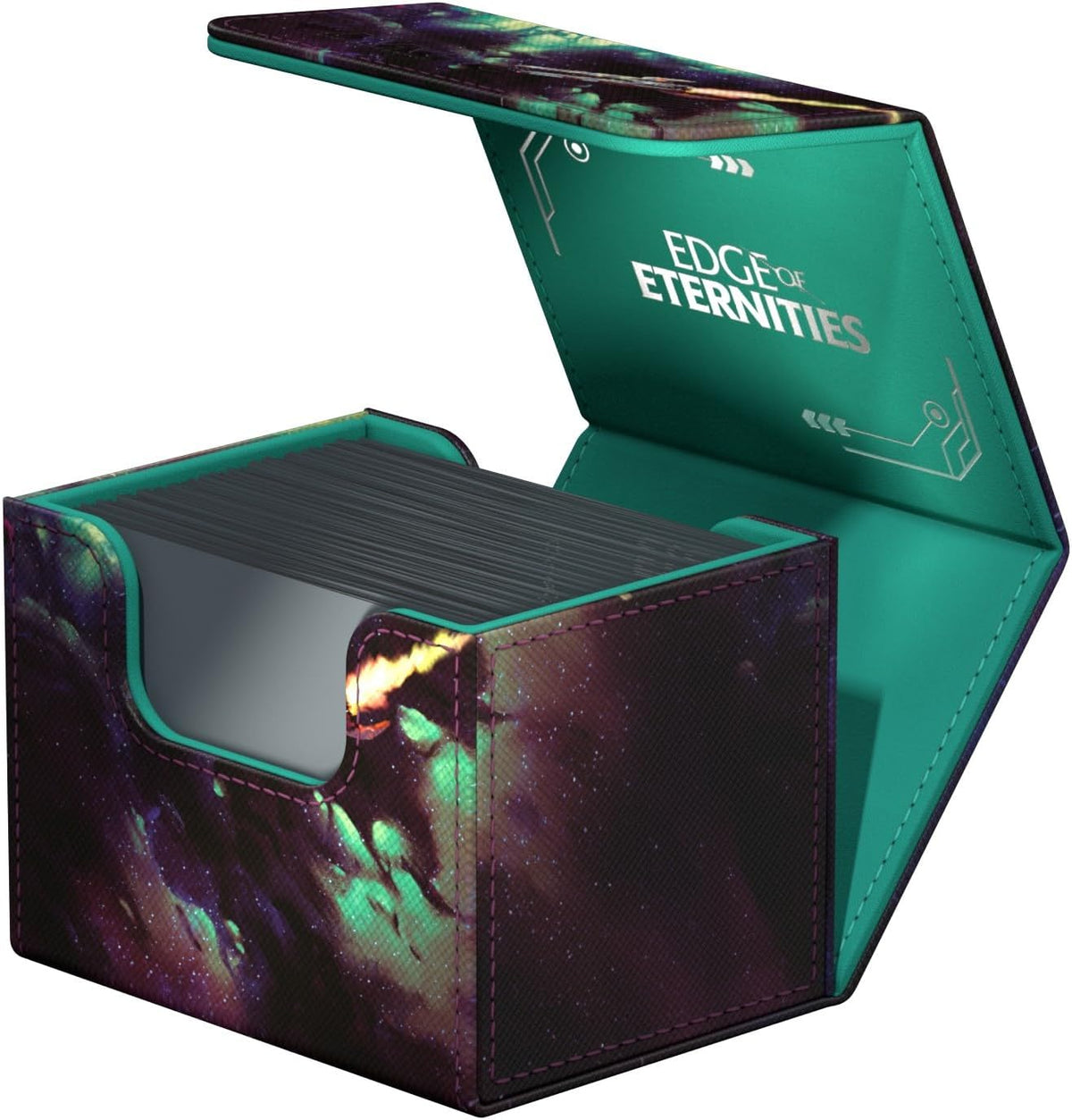 Open galaxy-patterned card deck box, teal interior, holds many cards. &quot;EDGE OF ETERNITIES&quot; on inside lid