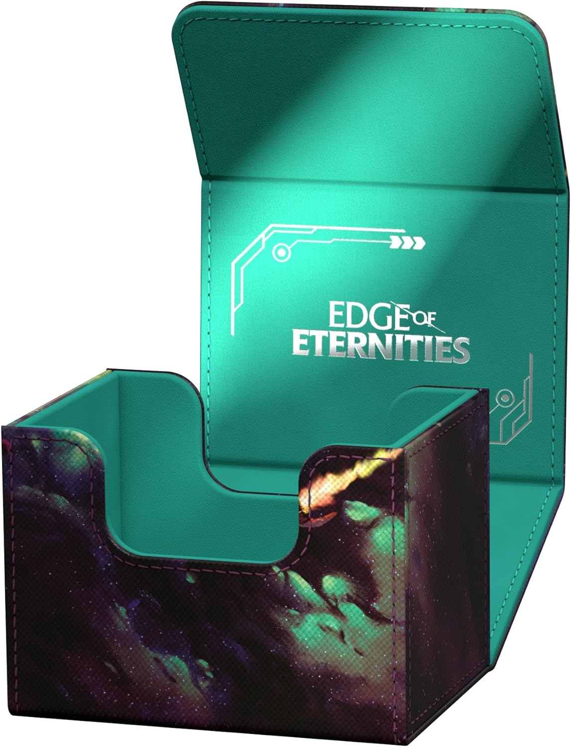 An open deck box with a cosmic nebula exterior and teal interior. The lid shows "EDGE OF ETERNITIES" and futuristic designs