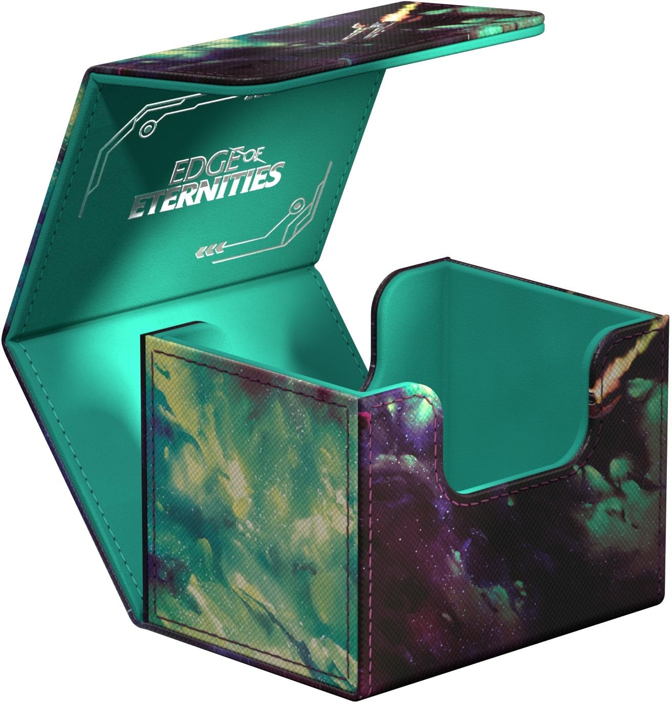 An open, galaxy-patterned card deck box with a bright teal interior and "EDGE OF ETERNITIES" text on the lid