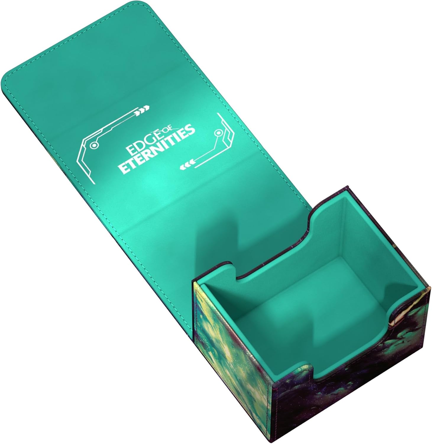 Open teal card deck box, featuring a galaxy art base and "EDGE OF ETERNITIES" on the lid.