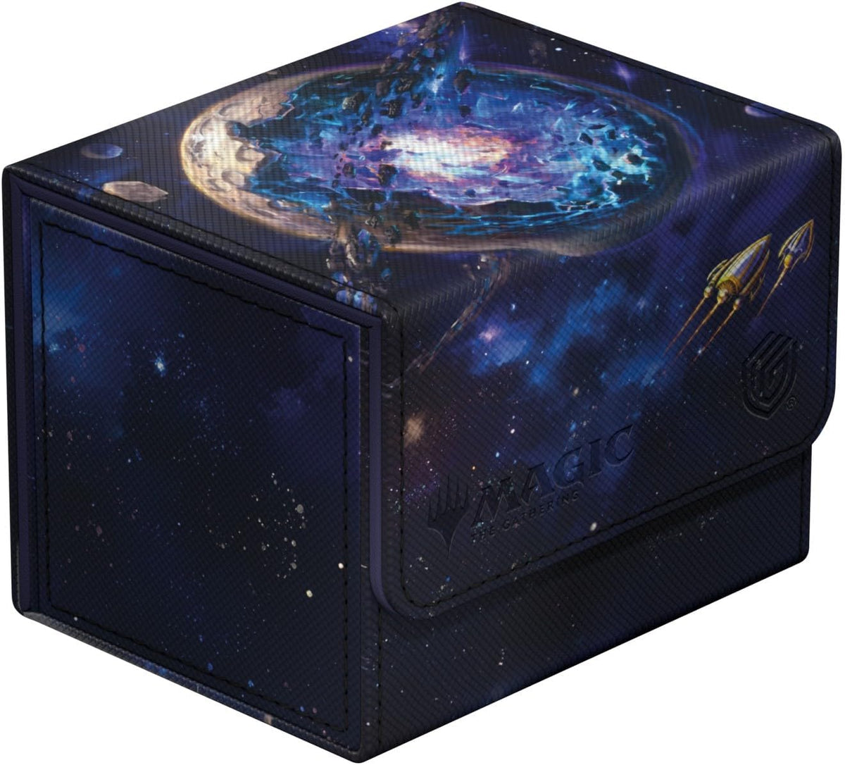 Magic: The Gathering deck box with a space design, a shattering planet, and spaceships