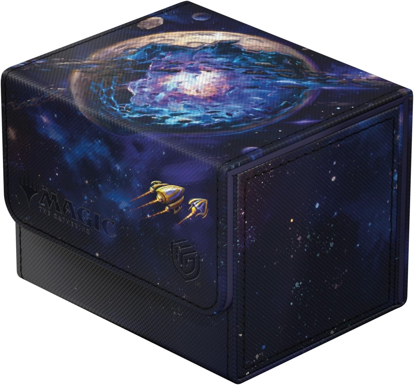 Magic: The Gathering deck box with a cosmic design showing a blue planet, stars, and golden spaceships