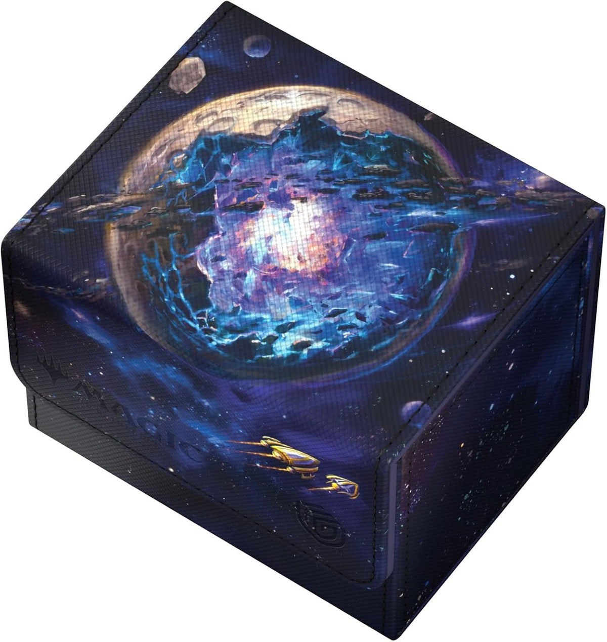 A &quot;Magic&quot; brand deck box with a vibrant cosmic scene featuring a glowing blue planet, surrounding debris, and two golden spaceships