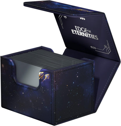 An open, dark blue galaxy-themed deck box, labeled "EDGE OF ETERNITIES", filled with a stack of cards