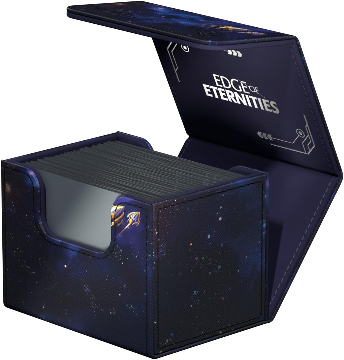 An open, dark blue galaxy-themed deck box, labeled &quot;EDGE OF ETERNITIES&quot;, filled with a stack of cards