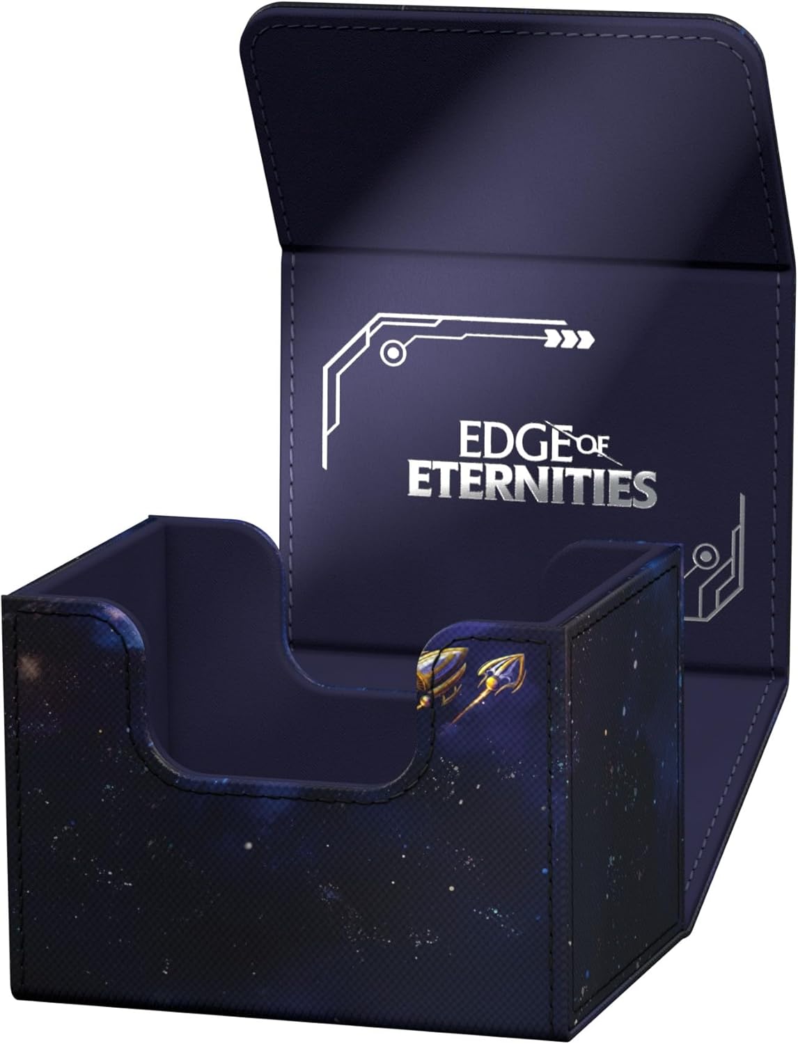 Dark blue trading card deck box, open, revealing &quot;EDGE OF ETERNITIES&quot; logo on the lid and a cosmic design