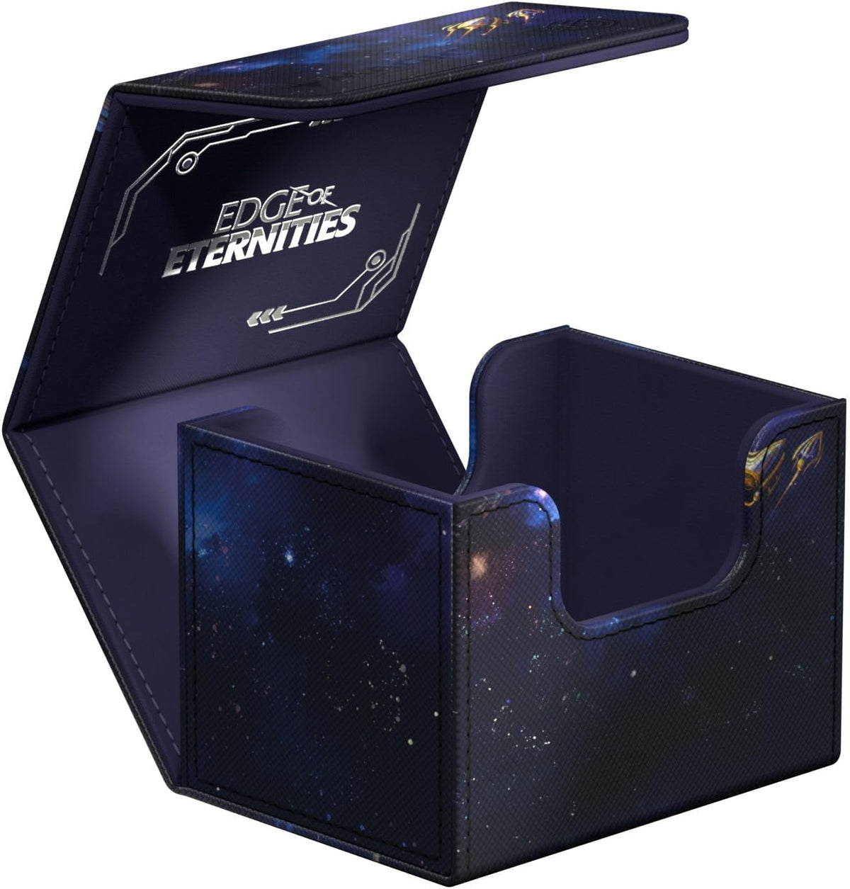 Dark blue galaxy-themed deck box, open to show &#39;EDGE OF ETERNITIES&#39; on the lid