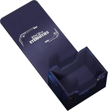 Open dark blue 'Edge of Eternities' card deck box with a galaxy pattern, revealing two empty compartments