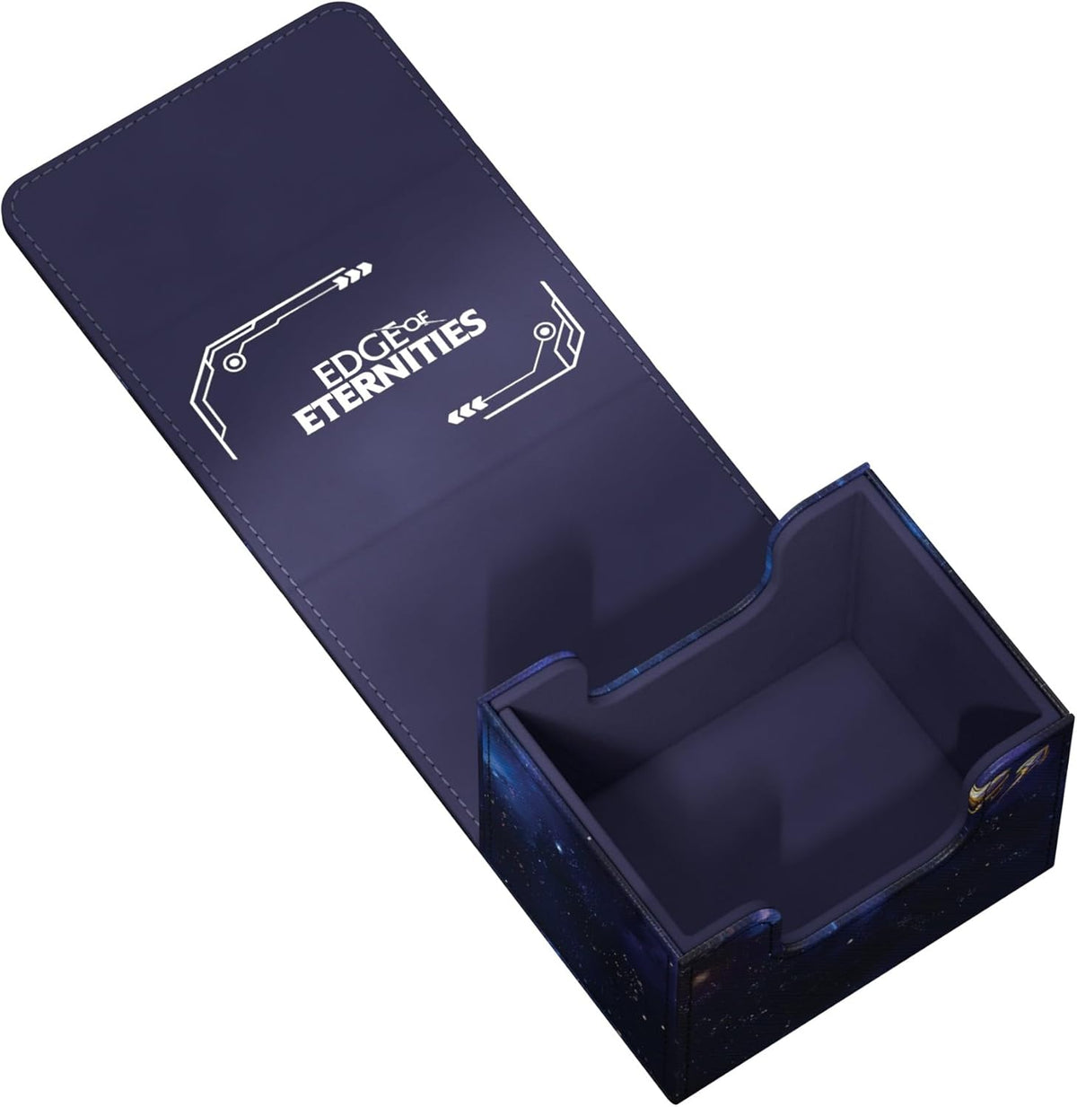 Open dark blue &#39;Edge of Eternities&#39; card deck box with a galaxy pattern, revealing two empty compartments