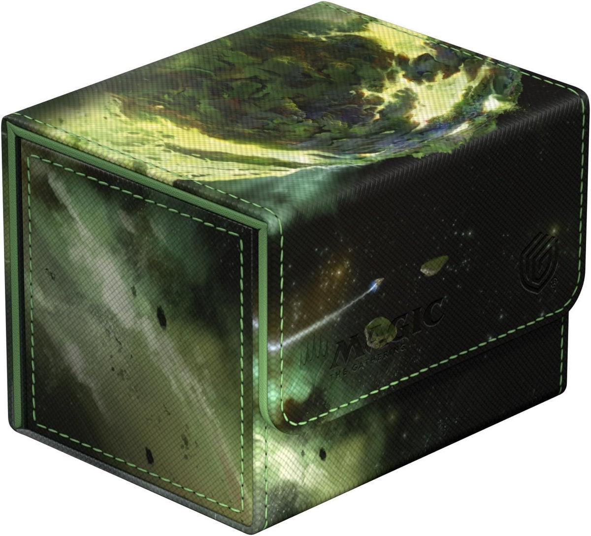 Magic: The Gathering deck box, green &amp; black with a cosmic nebula design &amp; stars