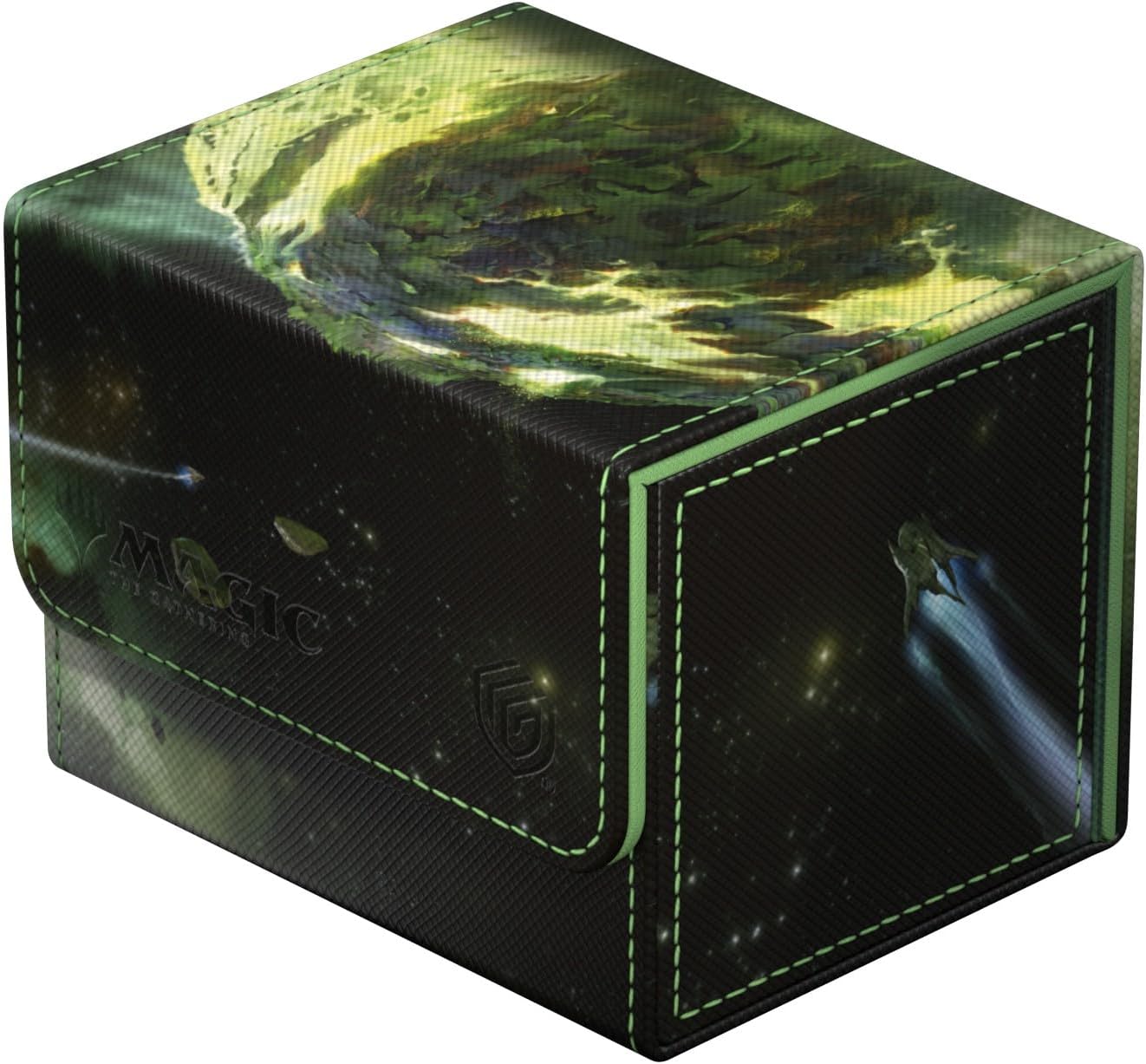 Black Magic The Gathering deck box with green stitching, featuring green cosmic art with a large swirl and ships