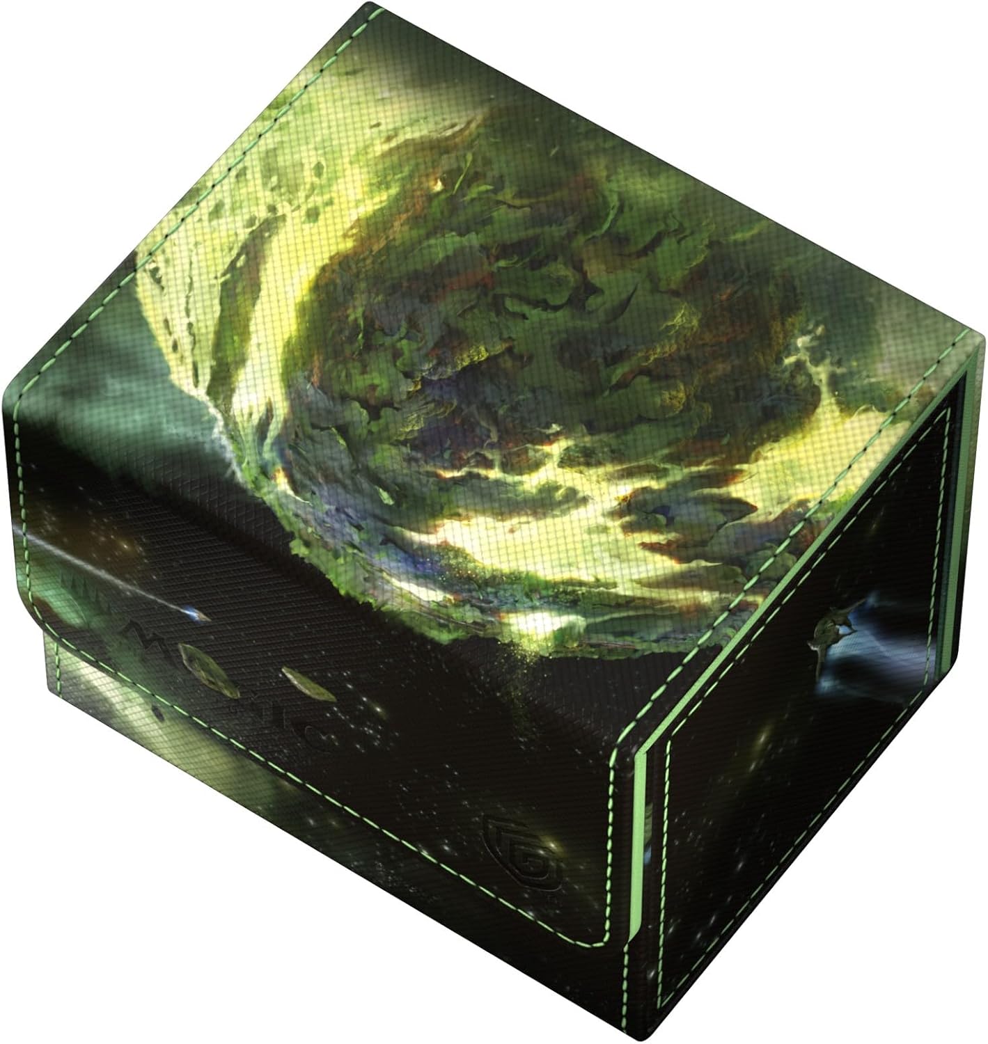 Green-stitched deck box featuring a vibrant green and yellow swirling planet or cosmic body against a starry background