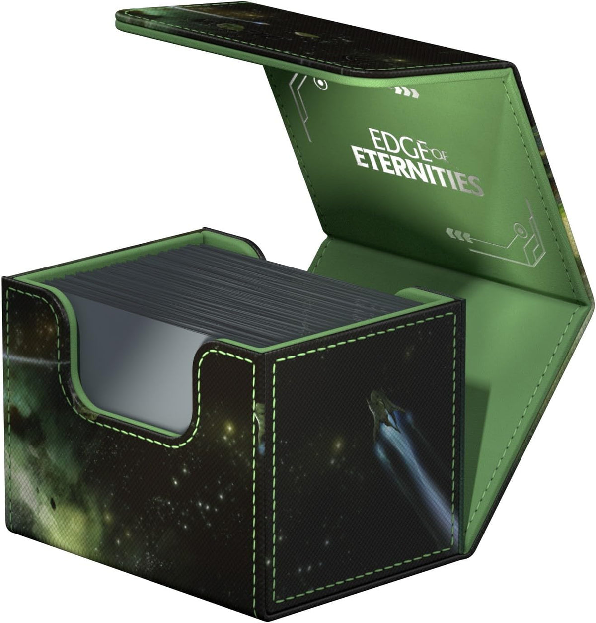 Open black &amp; green &#39;Edge of Eternities&#39; deck box with space art, holding cards