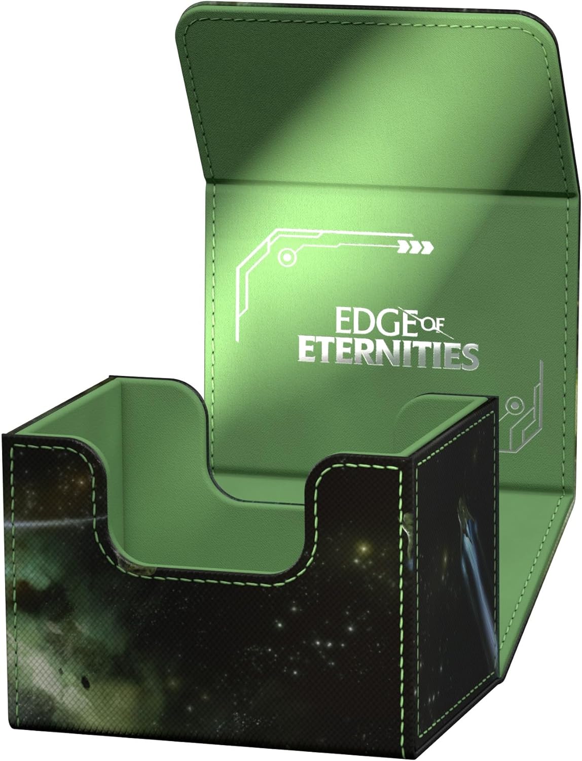 An open, green-lined card deck box with a dark, starry exterior, displaying "EDGE OF ETERNITIES" inside the lid