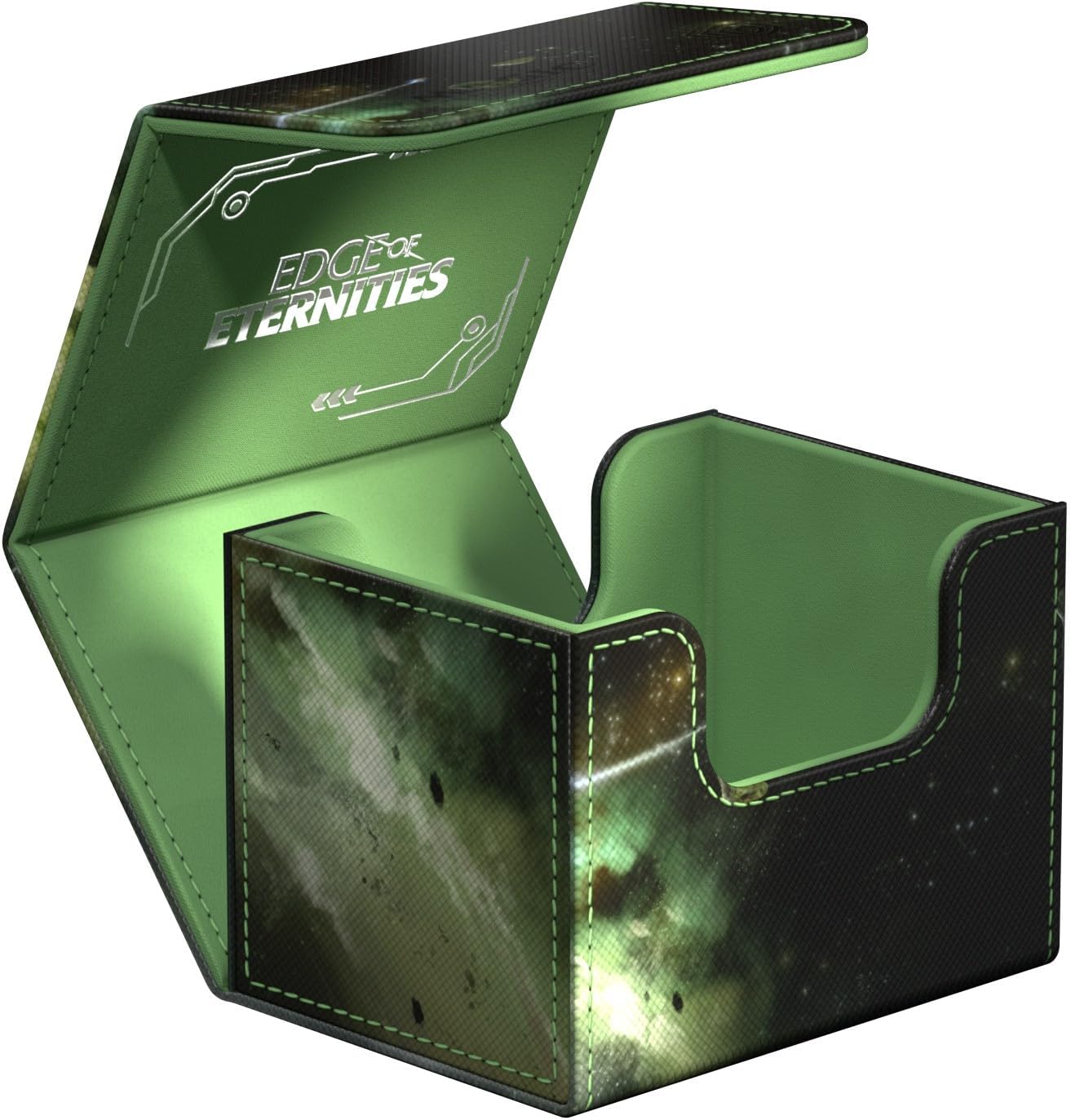 Open card deck box with a green nebula-patterned exterior, bright green interior, and "Edge of Eternities" text on the lid