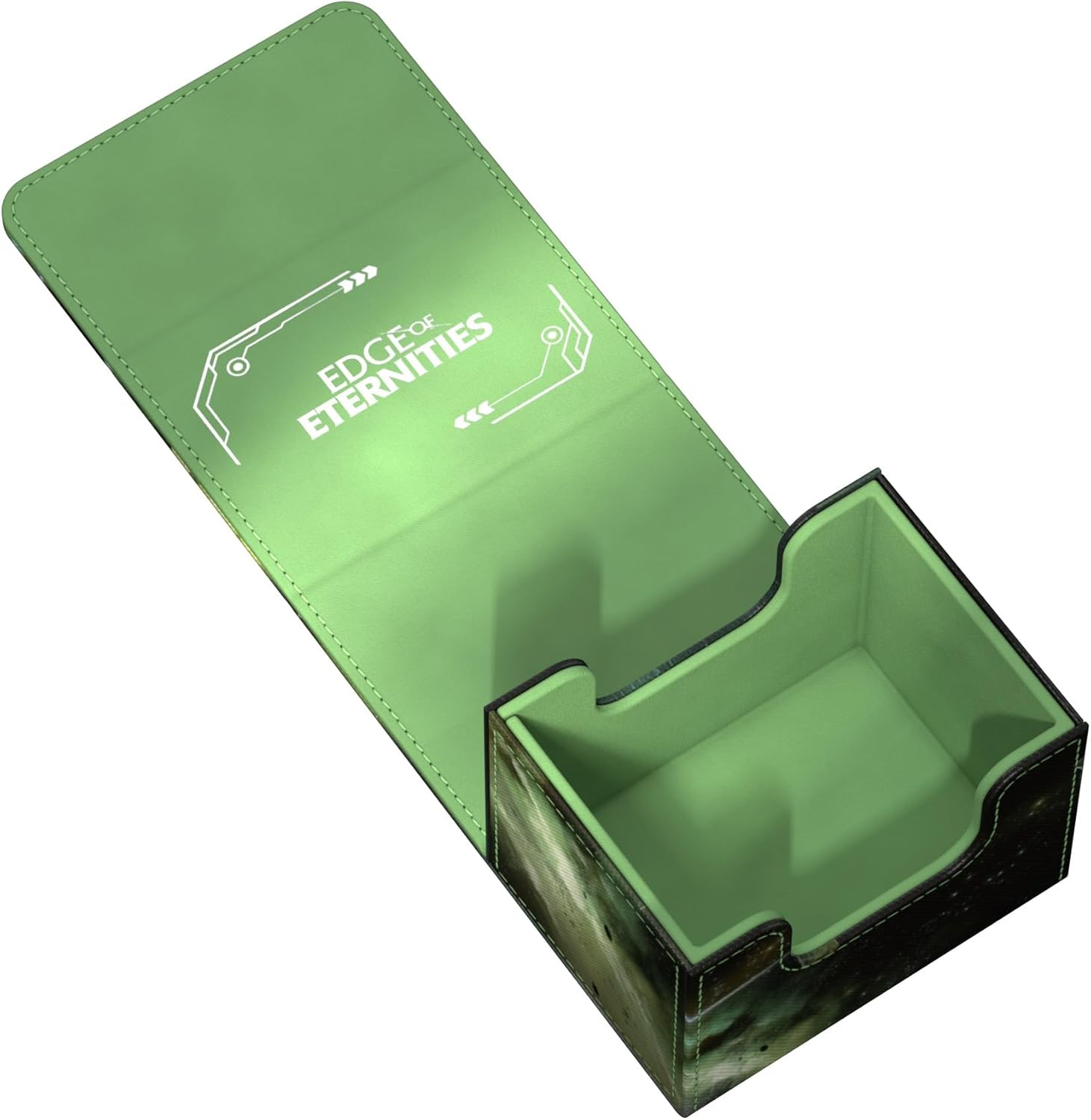 Open light green 'Edge of Eternities' deck box with a dark, patterned base, revealing two empty card compartments