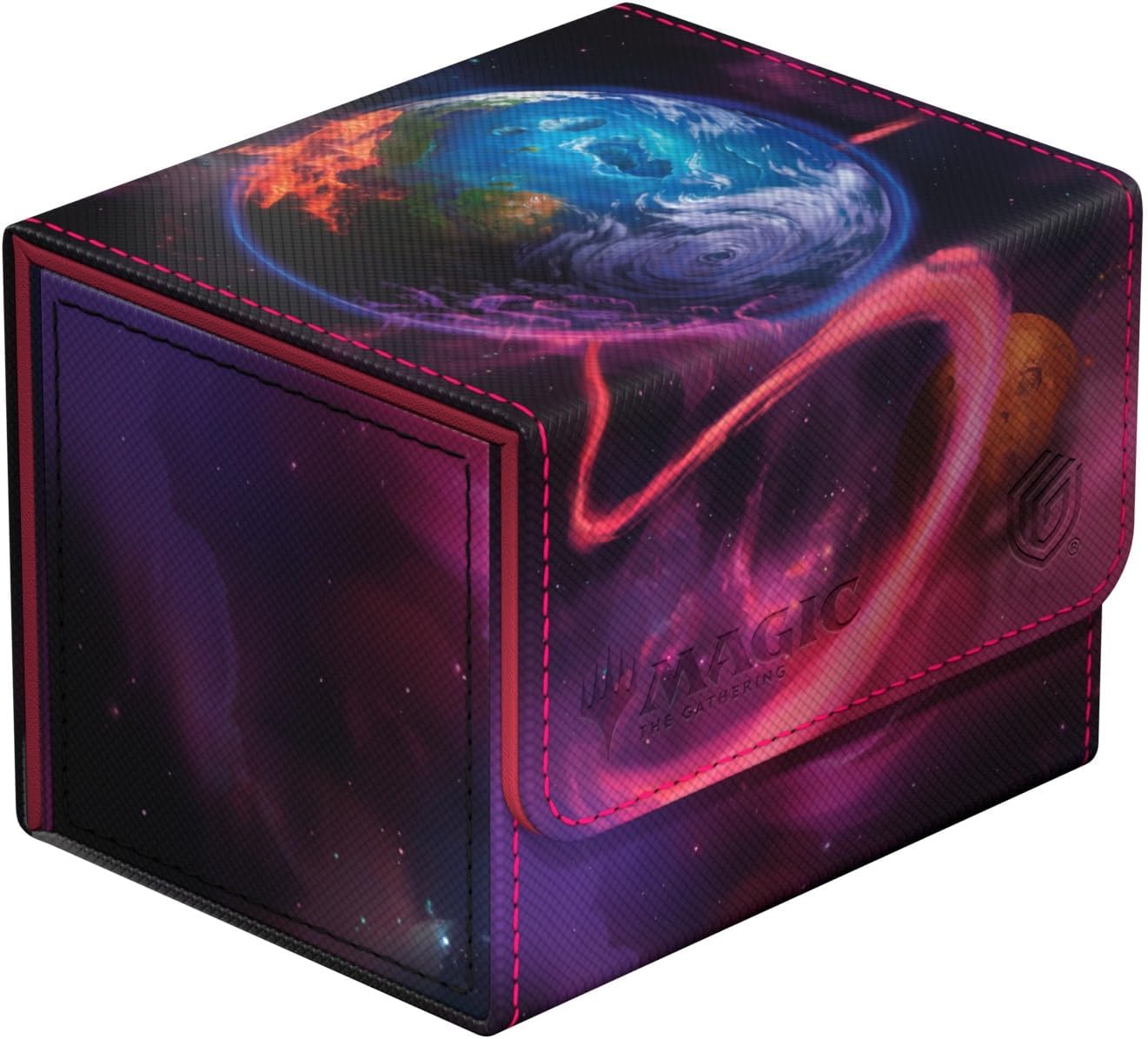 Cosmic Magic: The Gathering deck box featuring a planet, fire, and nebulae design, with pink accent stitching