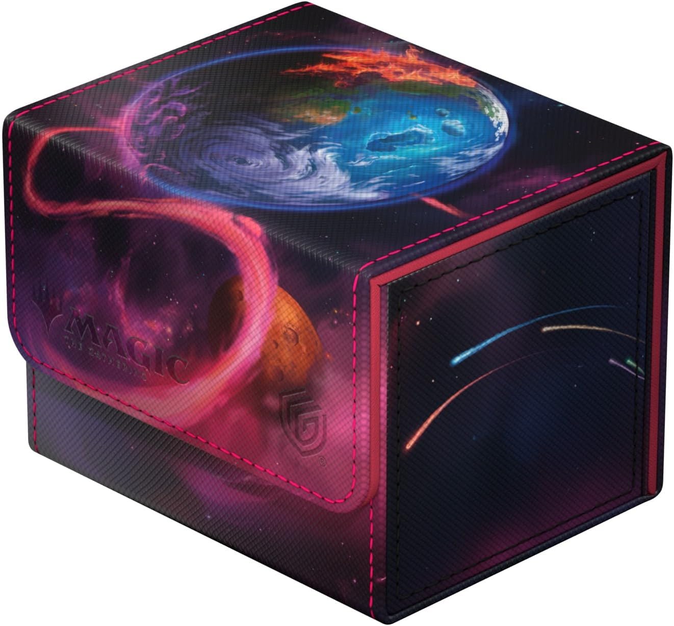 Magic: The Gathering deck box with a cosmic design: blue and fiery planet, nebulae, and shooting stars, with pink stitching