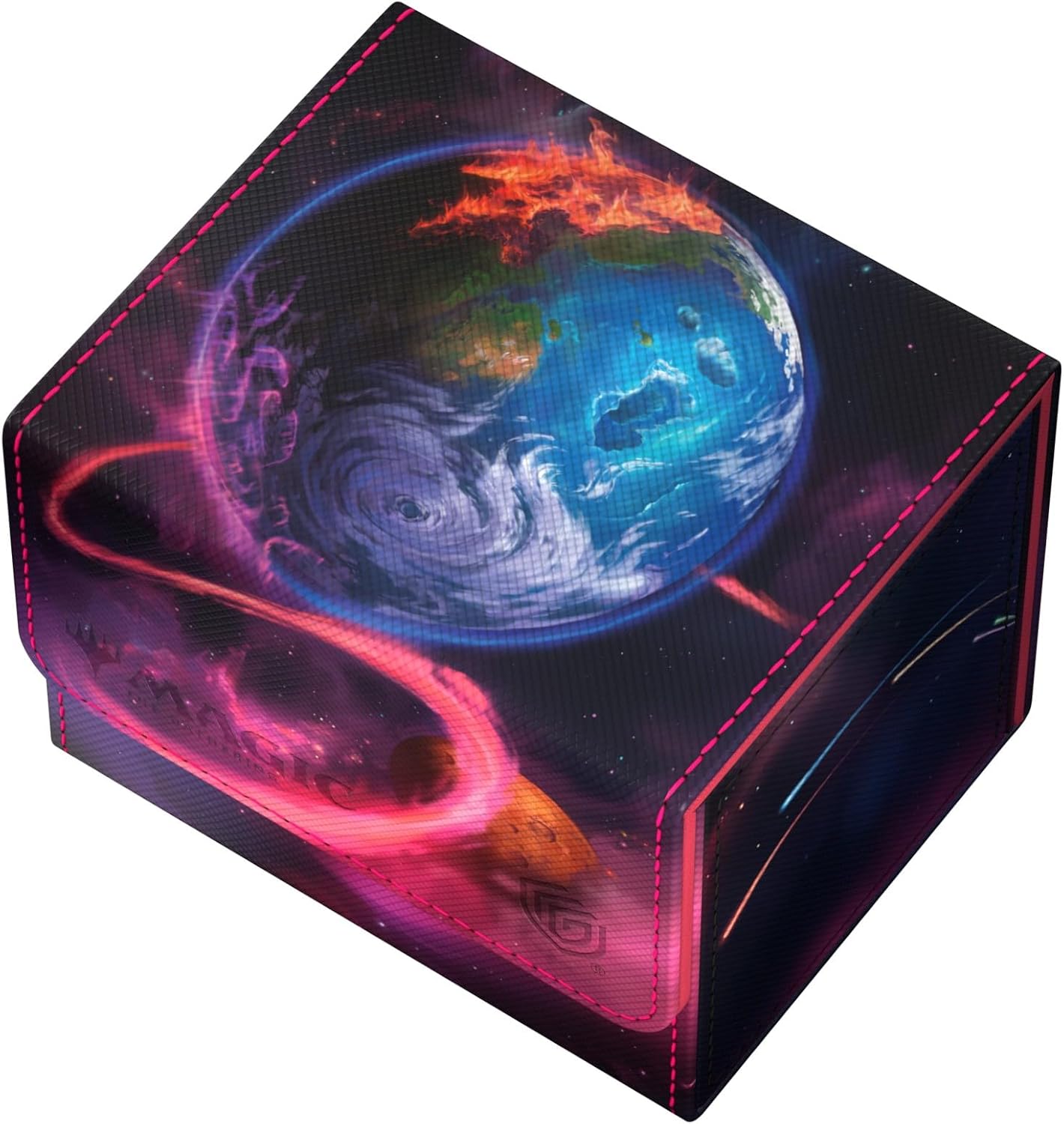 Card box with cosmic art: a planet, half-flaming and half-stormy, ringed by a pink glow. Pink stitching lines the edges