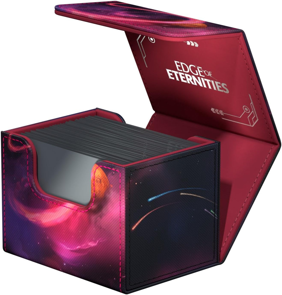 Open cosmic deck box featuring &quot;Edge of Eternities&quot; text on the lid, filled with dark cards