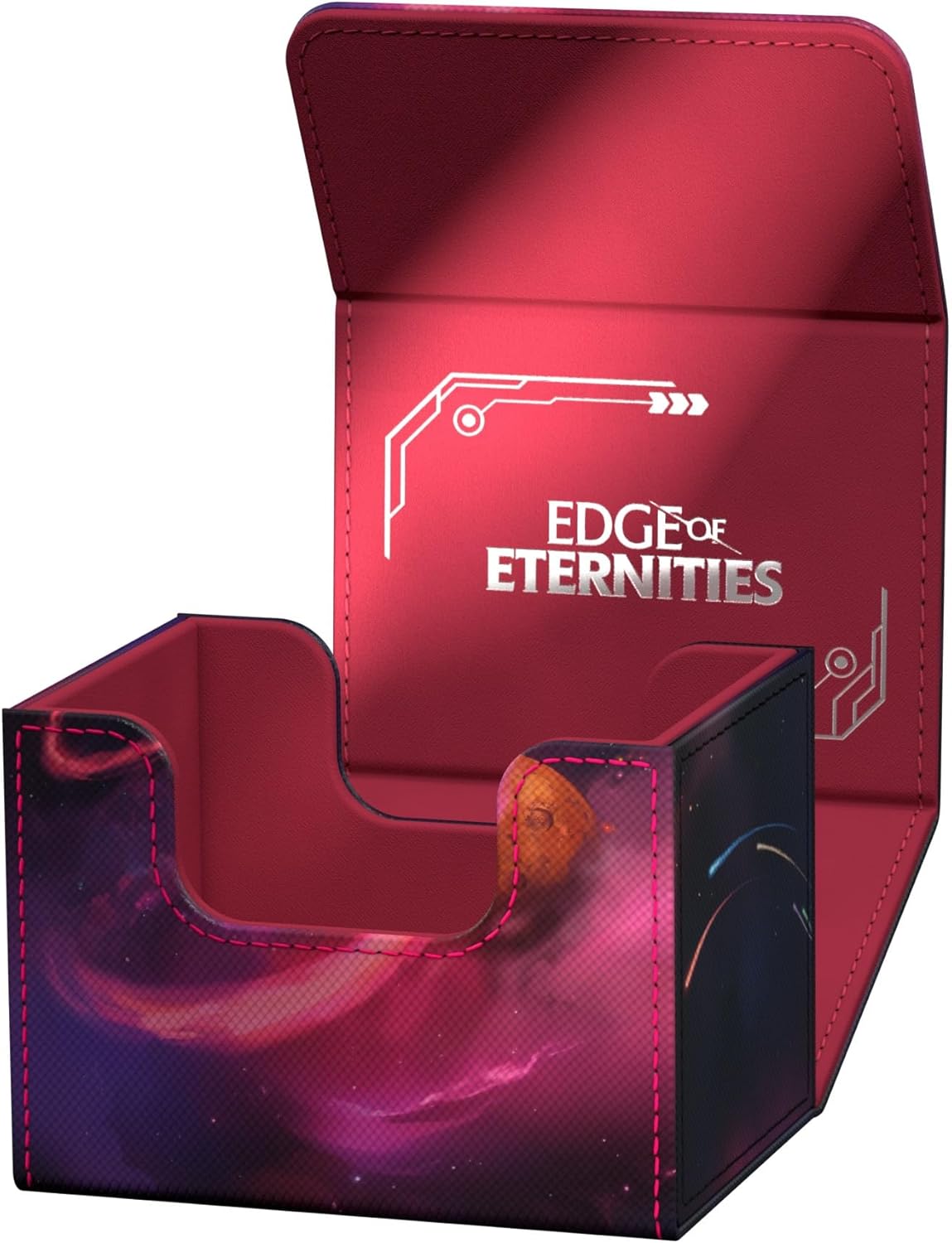 Open magenta card deck box with galaxy art on sides and "EDGE OF ETERNITIES" text on the lid