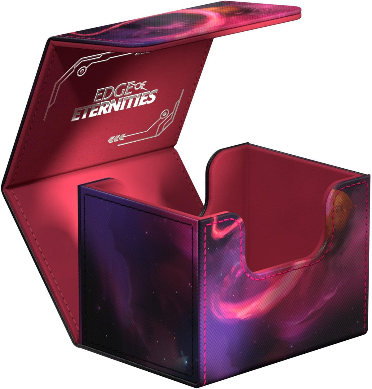Open deck box with a vibrant pink and purple galaxy exterior and bright pink interior. &quot;Edge of Eternities&quot; printed on lid