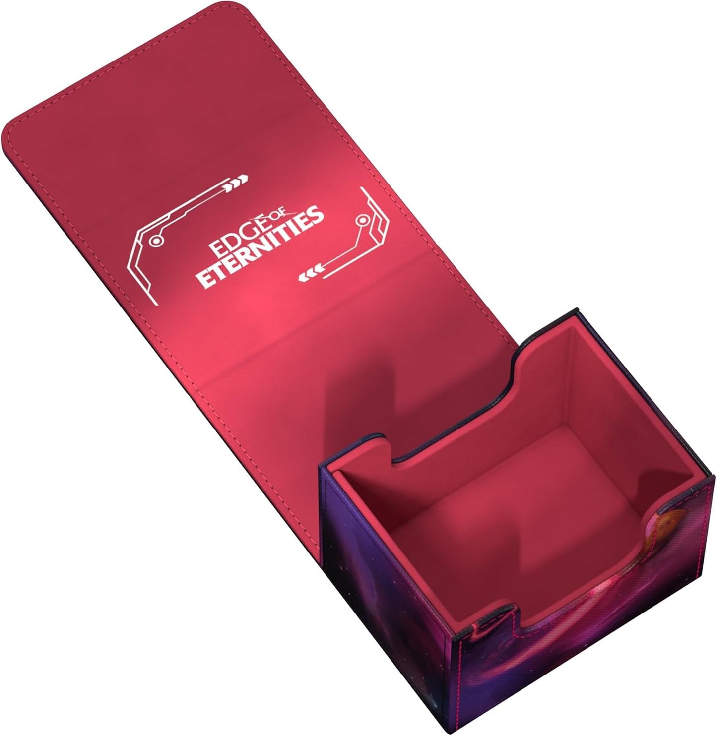 An open fuchsia interior card deck box with a galaxy-themed exterior. Its extended lid features an 'EDGE OF ETERNITIES' logo and empty compartments