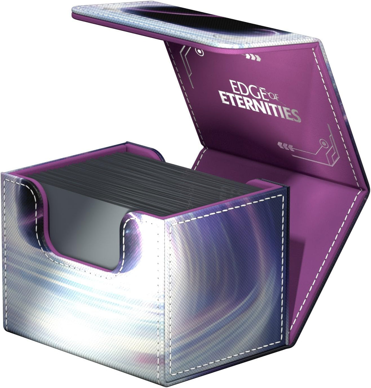 An open deck box with a swirling iridescent exterior, purple interior, &quot;EDGE OF ETERNITIES&quot; text, holding dark cards