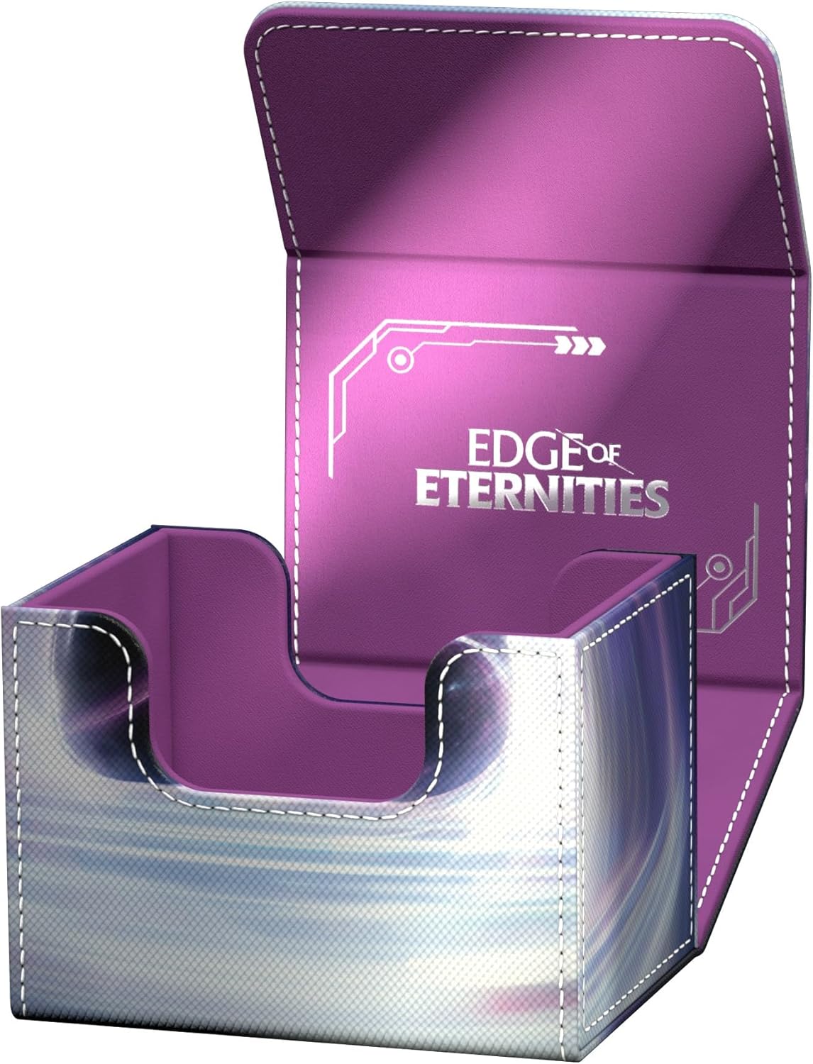 Open purple and iridescent silver deck box with &quot;EDGE OF ETERNITIES&quot; text on the inner flap