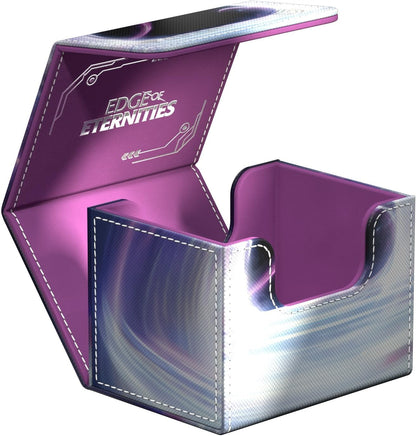 An open iridescent blue-purple card deck box with a magenta interior and 'EDGE OF ETERNITIES' logo on the lid