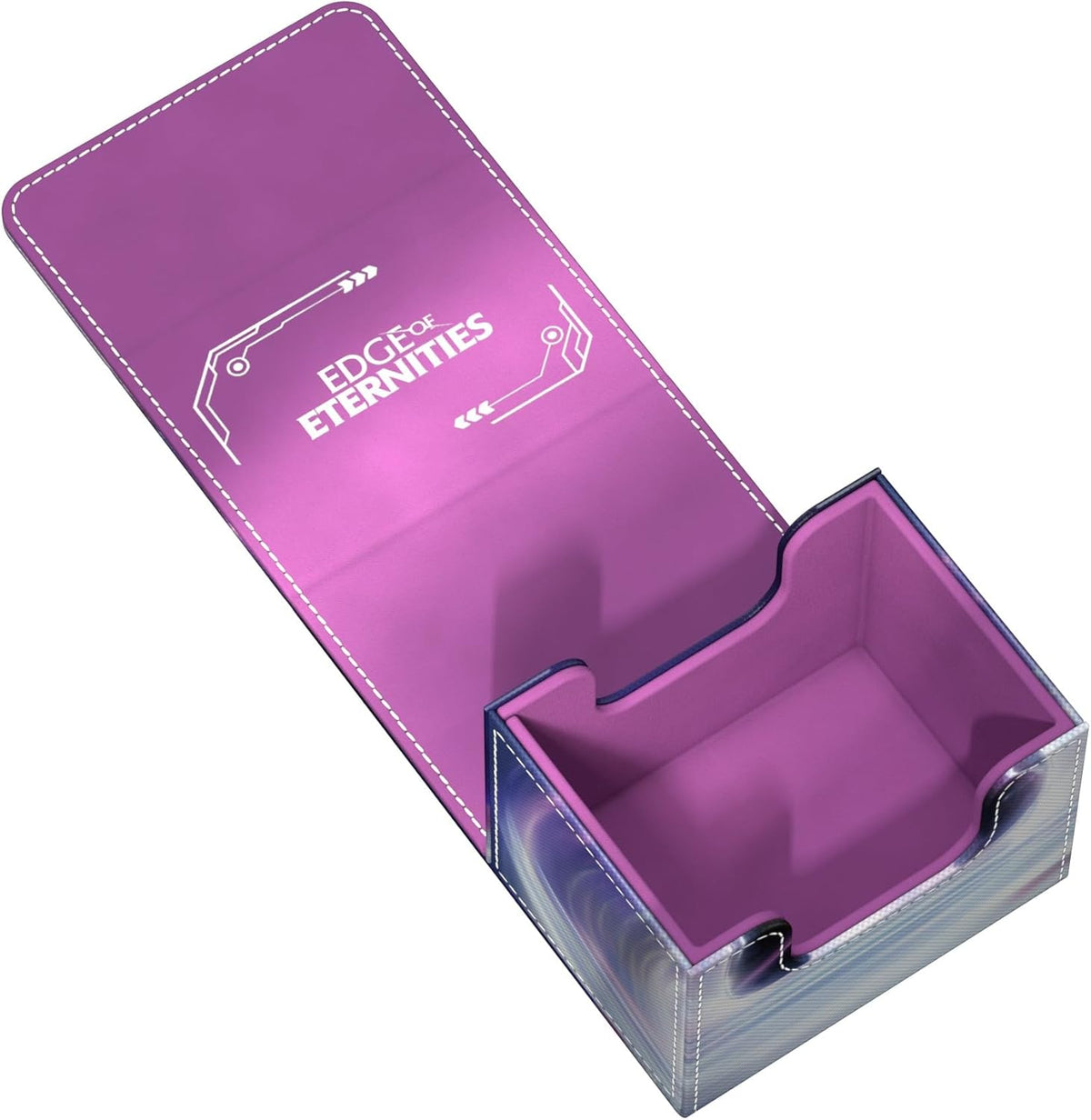 Open purple card deck box with &quot;EDGE OF ETERNITIES&quot; on the lid and a holographic base