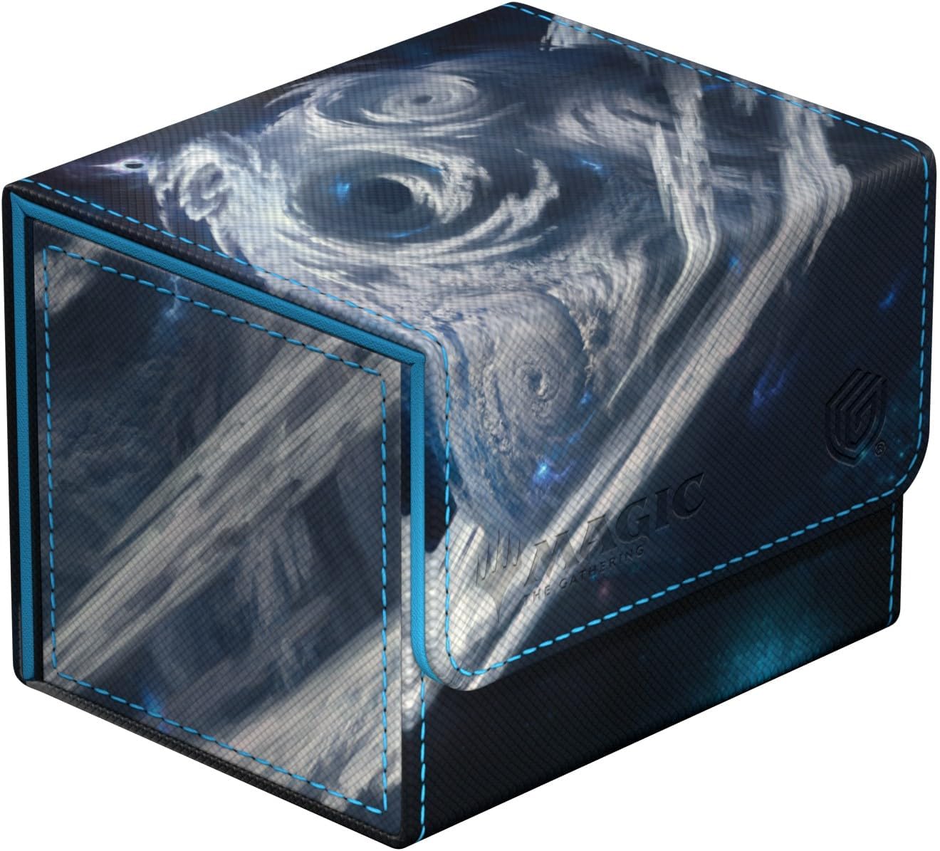 Magic: The Gathering deck box with swirling blue and white design, blue stitching, and a clear card slot