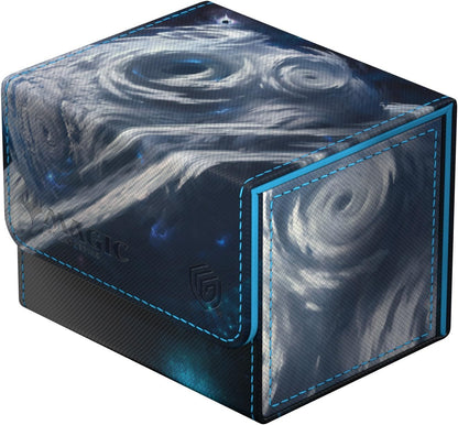 Dark Magic: The Gathering deck box with a white and blue swirling storm design and bright blue stitching