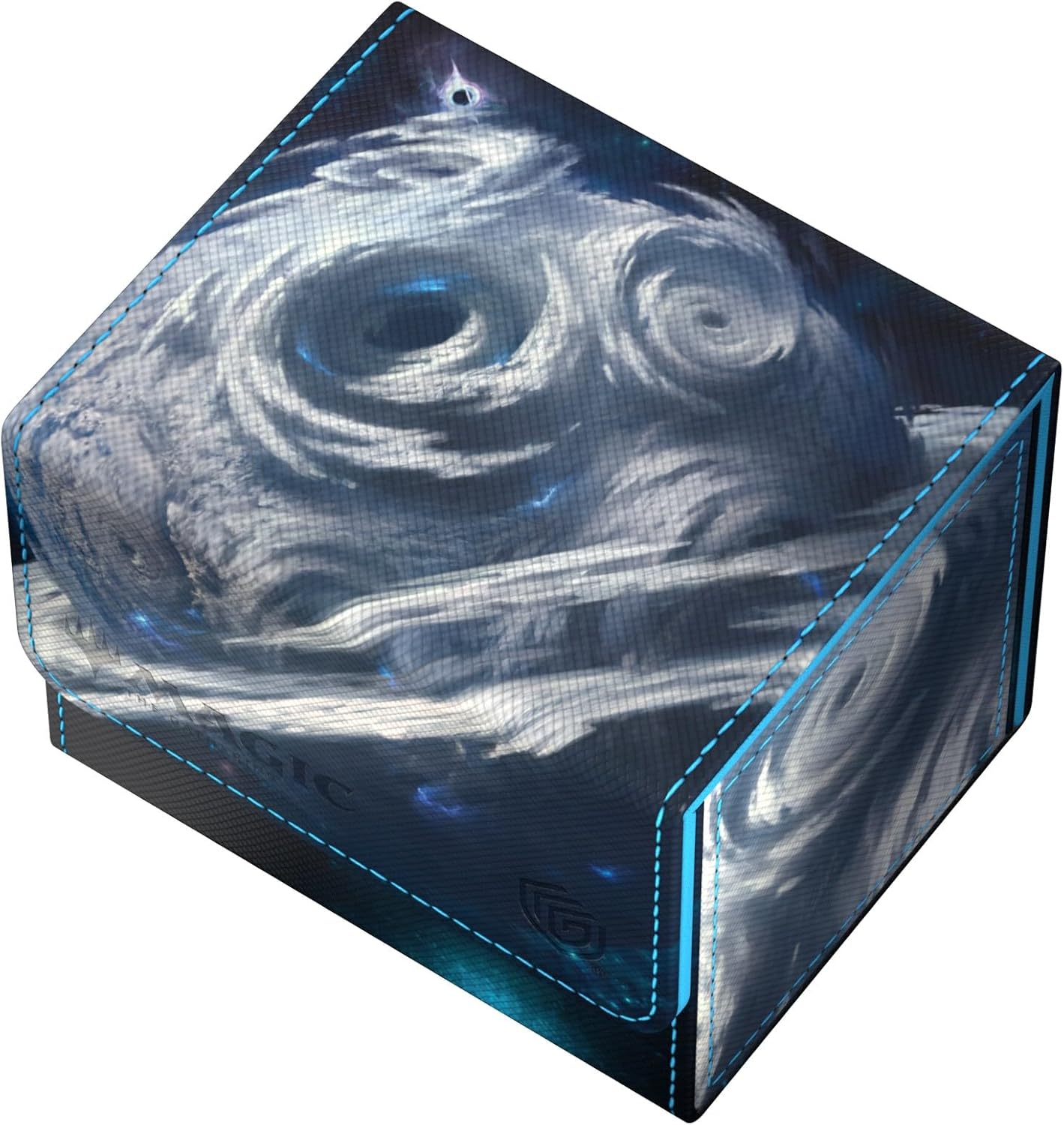 Dark blue deck box featuring a swirling gray and white cosmic vortex design with light blue stitching