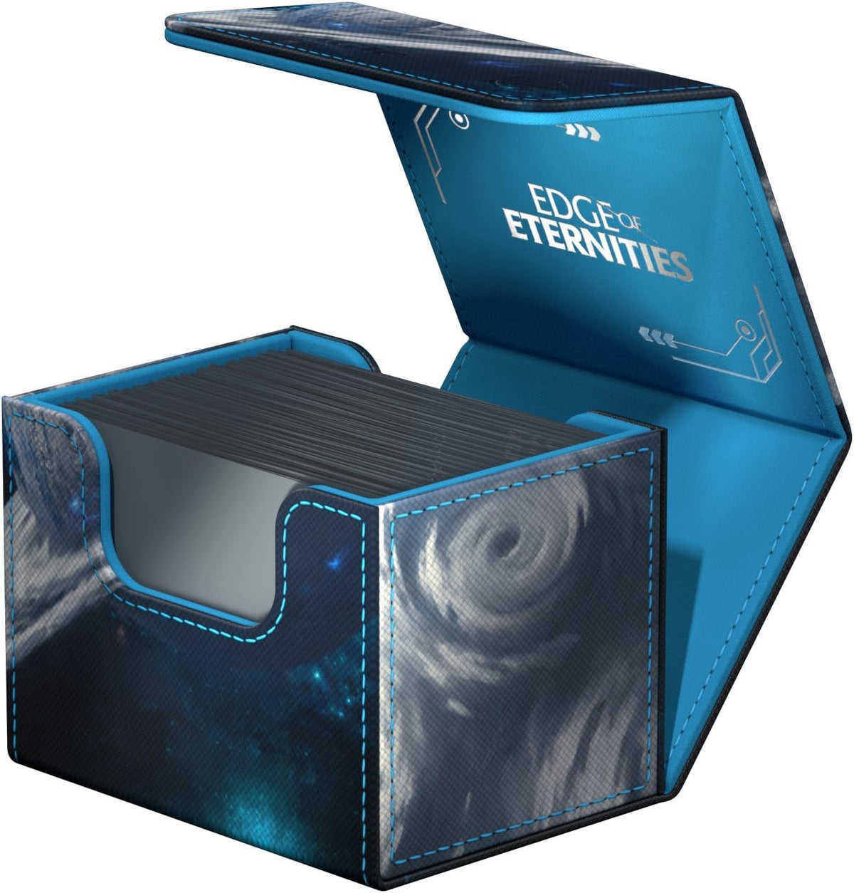 Open dark blue deck box with cosmic design, bright blue interior featuring &quot;EDGE OF ETERNITIES&quot;, holding black cards