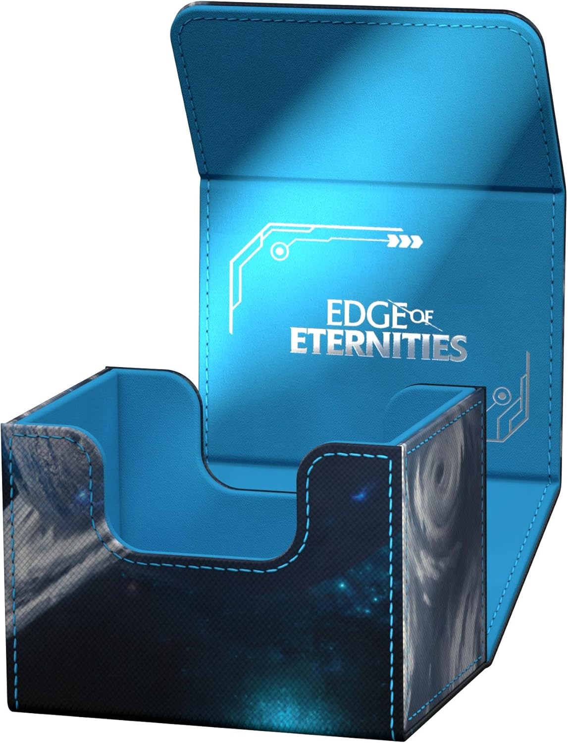 Open card deck box with a dark, cosmic exterior and bright blue interior. The lid displays "EDGE OF ETERNITIES" in silver