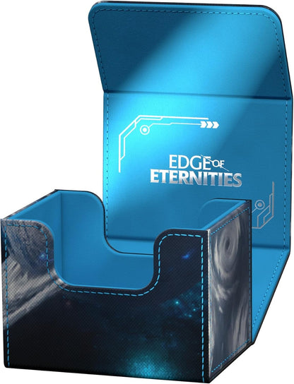 Open card deck box with a dark, cosmic exterior and bright blue interior. The lid displays "EDGE OF ETERNITIES" in silver