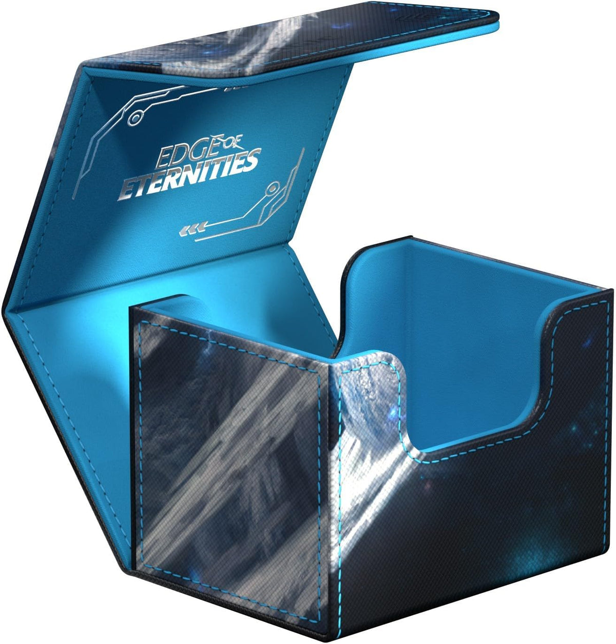 An open, dark patterned deck box with a bright blue interior, silver &quot;Edge of Eternities&quot; text, and blue stitching