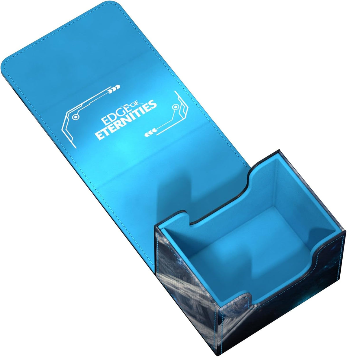 An open blue trading card deck box with &quot;EDGE OF ETERNITIES&quot; on the lid, revealing an empty interior and a dark futuristic base
