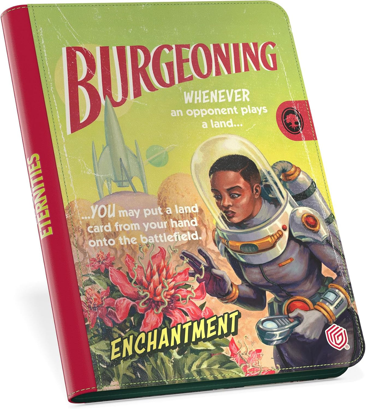 Retro sci-fi Magic card binder, &#39;BURGEONING&#39; title. Black astronaut interacts with alien red plants, rocket in background