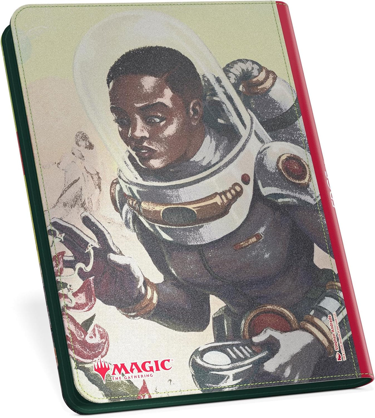 Magic: The Gathering card binder featuring retro art of a Black woman in a spacesuit, holding a device and making a V-sign