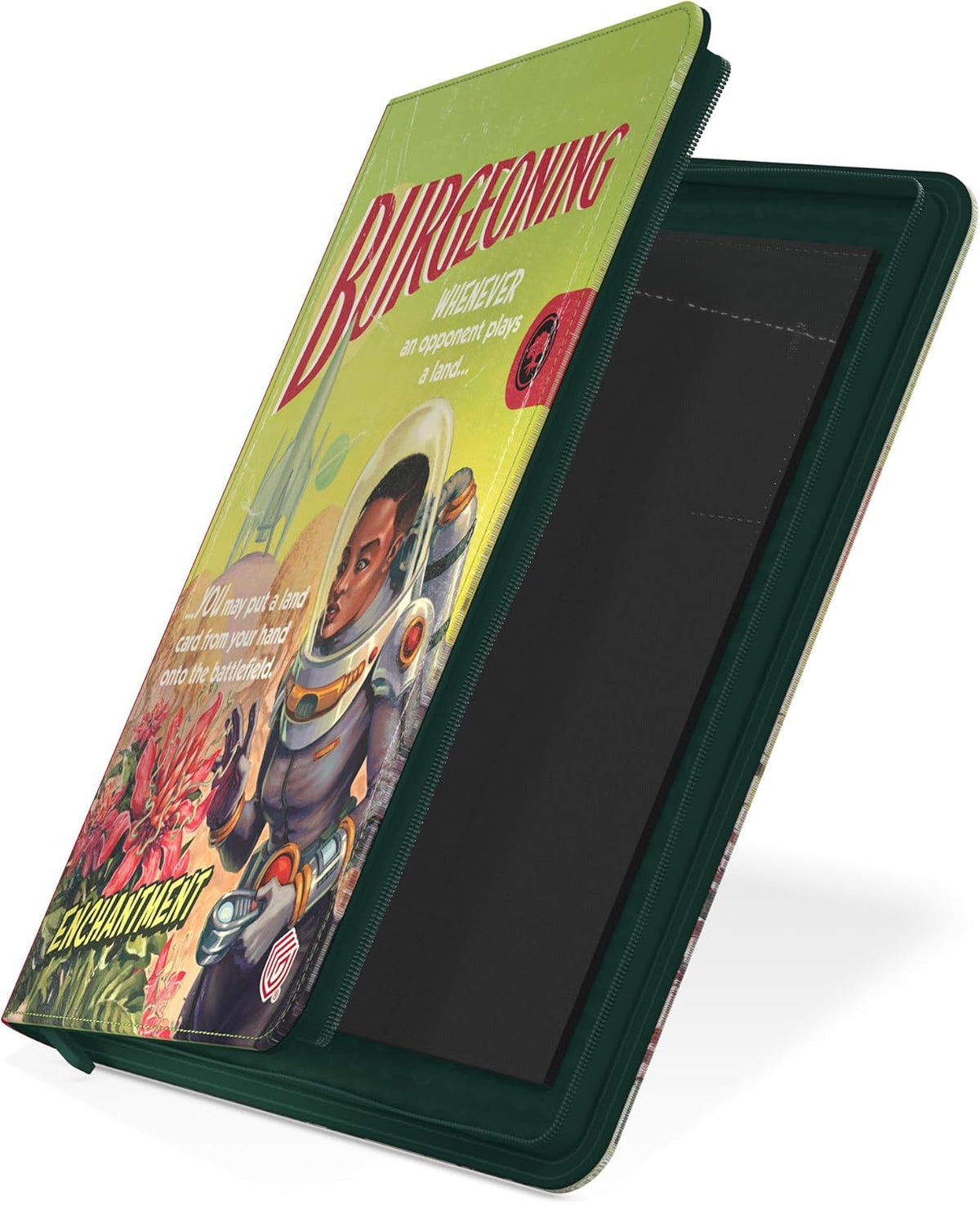 Open green card binder, featuring retro &quot;Burgeoning&quot; card art with an astronaut, revealing black interior pages