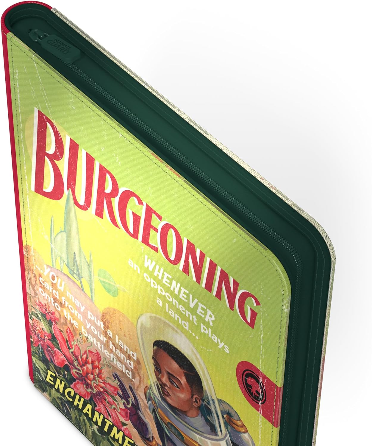 Lime green zippered portfolio featuring retro-sci-fi art of Magic: The Gathering's 'Burgeoning' card, with an astronaut, rocket, and plants