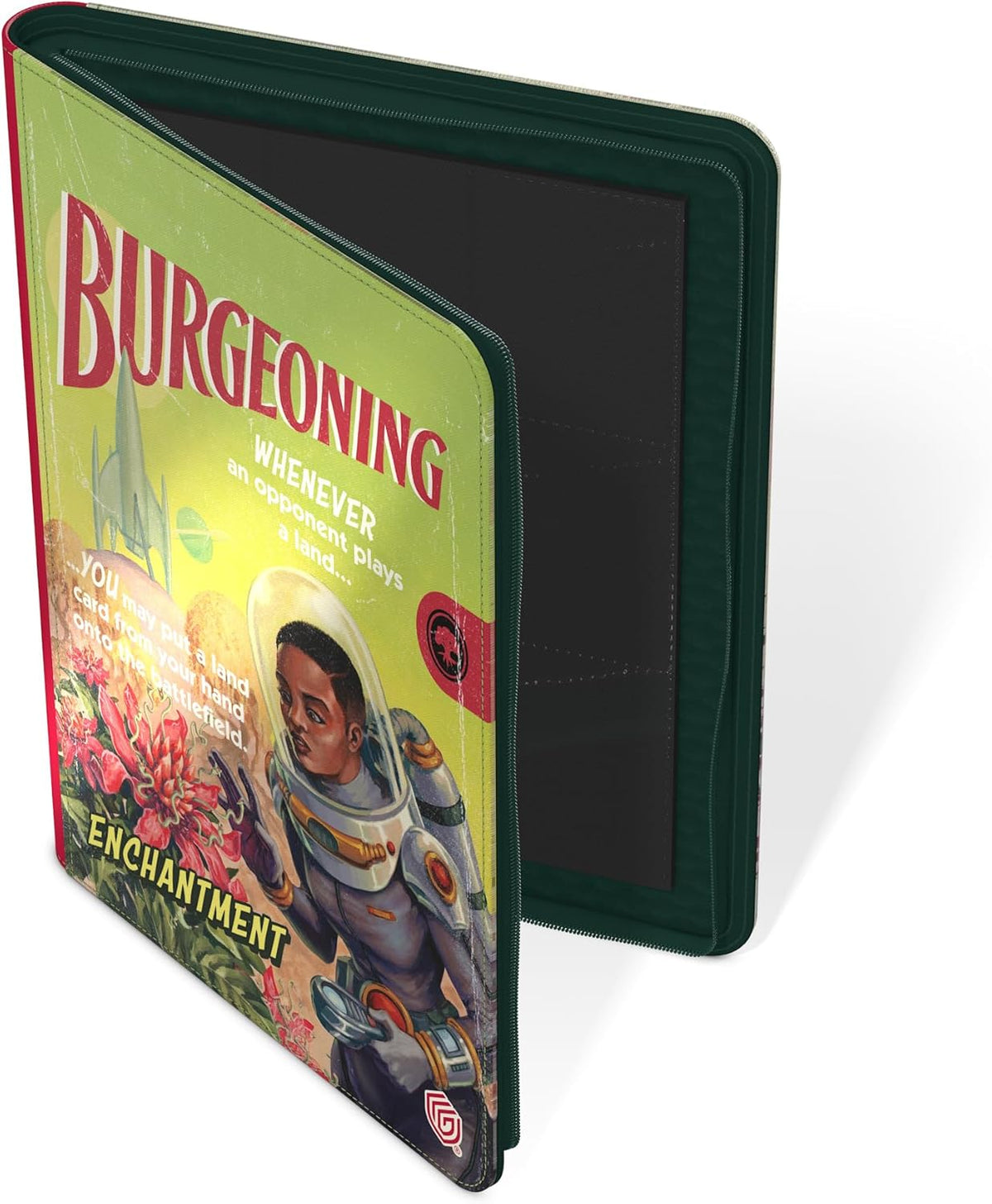 Partially open trading card binder displays Magic&#39;s &quot;Burgeoning&quot; art: a retro astronaut examines colorful alien flora