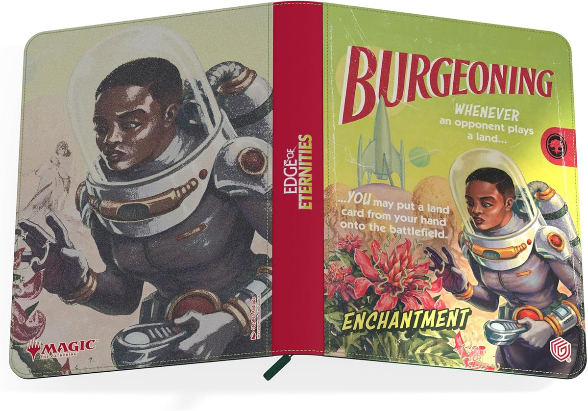 Magic: The Gathering &#39;Burgeoning&#39; art shows a retro-futuristic astronaut exploring an alien world with plants and a rocket