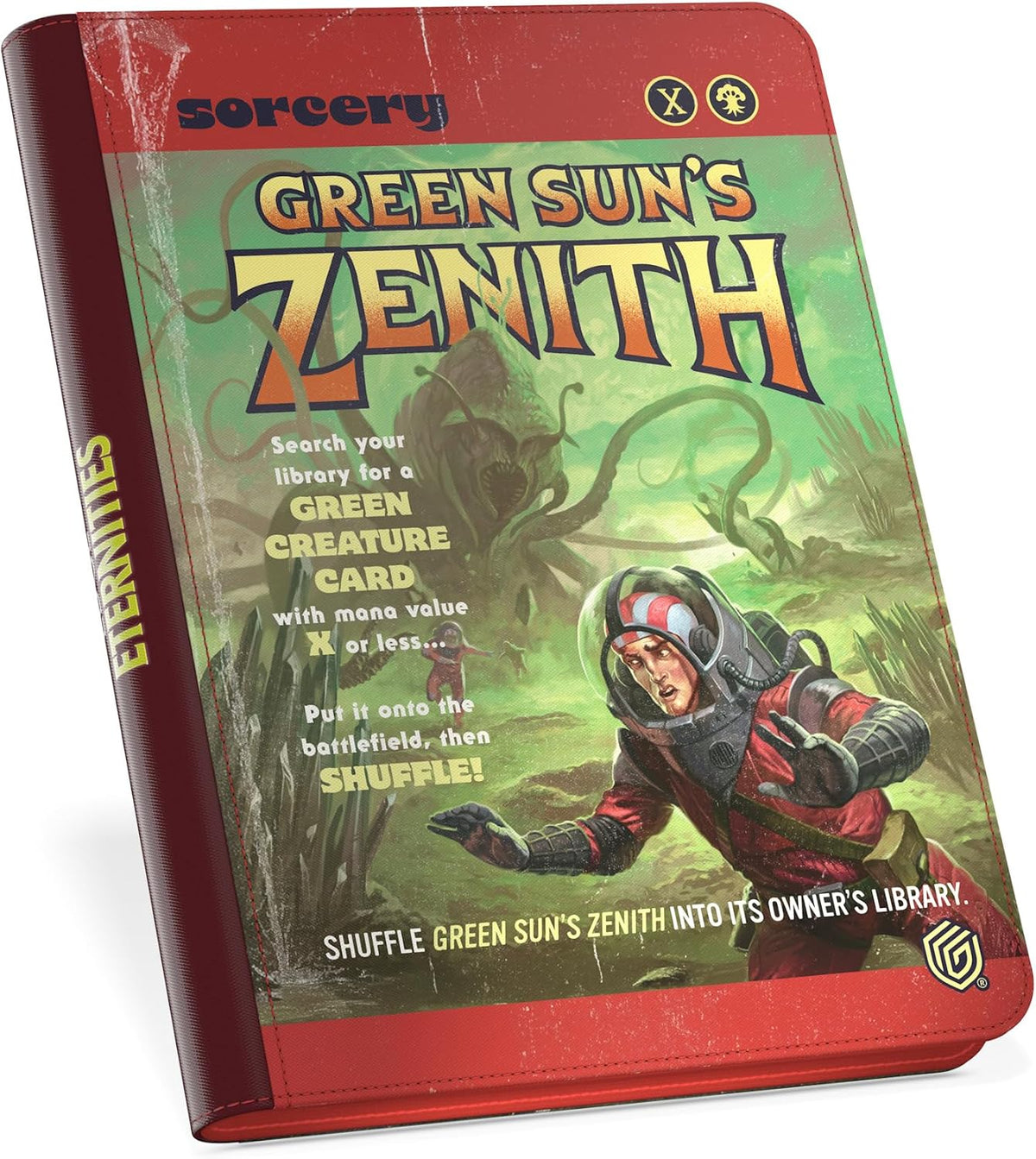 Green Sun&#39;s Zenith card binder: a surprised astronaut in a red suit confronts a large, tentacled green monster in a swamp