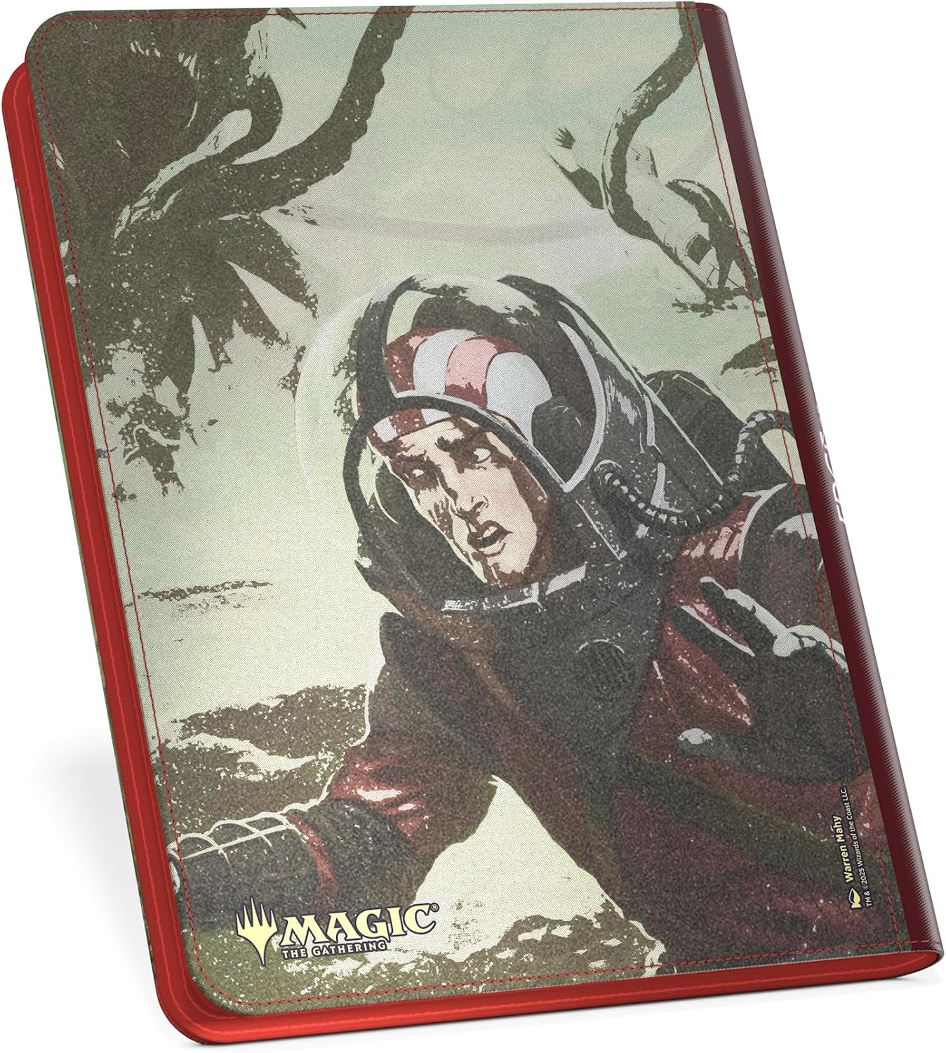 A Magic: The Gathering card binder showing a stressed pilot in a helmet falling among dark, gnarled alien forms