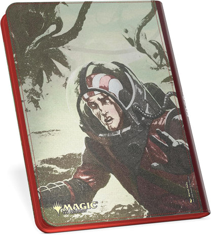 A Magic: The Gathering card binder showing a stressed pilot in a helmet falling among dark, gnarled alien forms